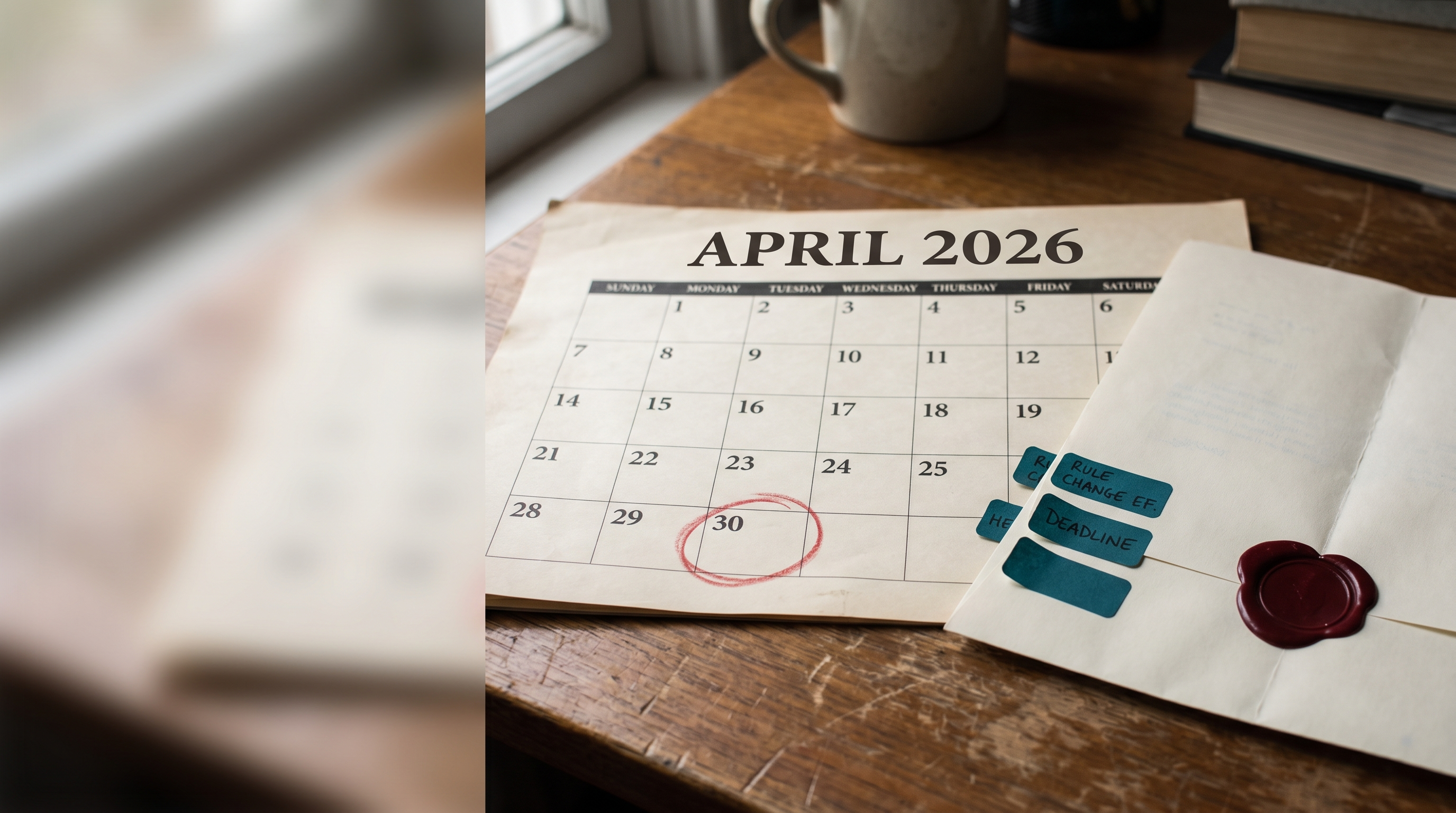 A printed wall calendar showing April 2026 with date 30 circled in red pencil, beside a folded paper document with a deep red wax seal — illustrating the FDA's April 30 2026 proposed rule on compounded GLP-1 medications