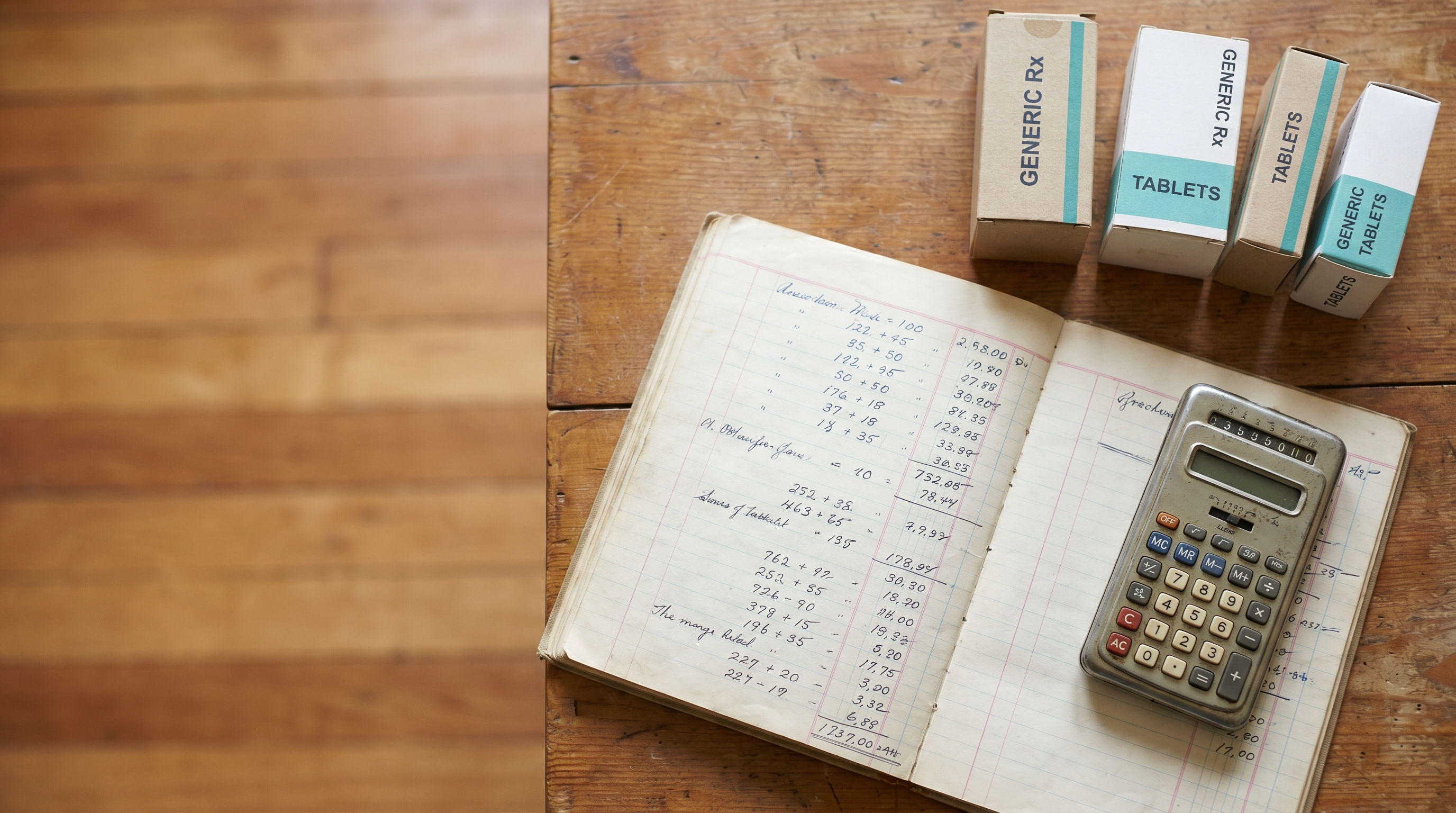 A paper cost-breakdown ledger with handwritten figures, a mechanical pocket calculator, and small generic medication boxes arranged on a wooden desk