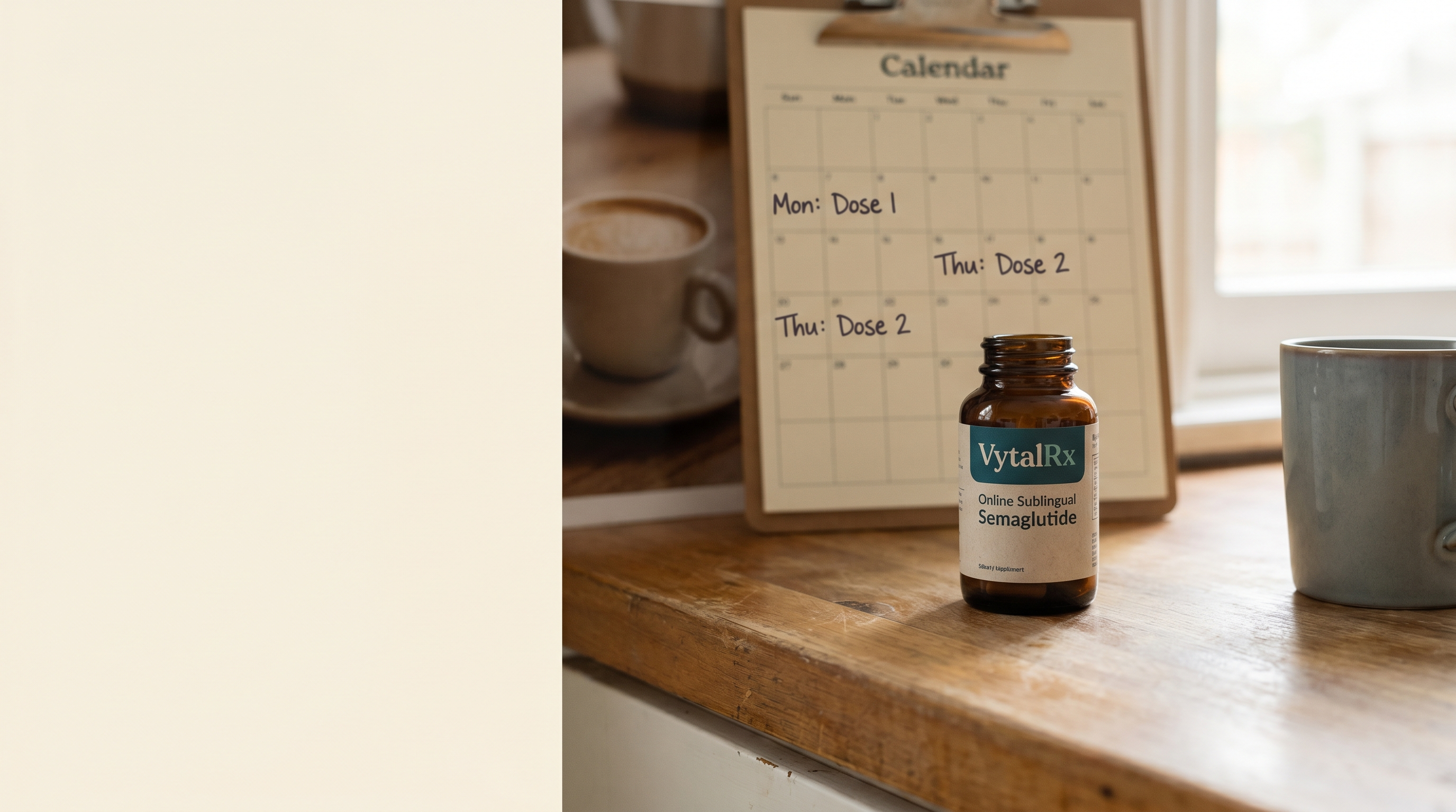 VytalRx Online sublingual semaglutide bottle on a kitchen counter with a printed weekly dose-schedule calendar in soft focus