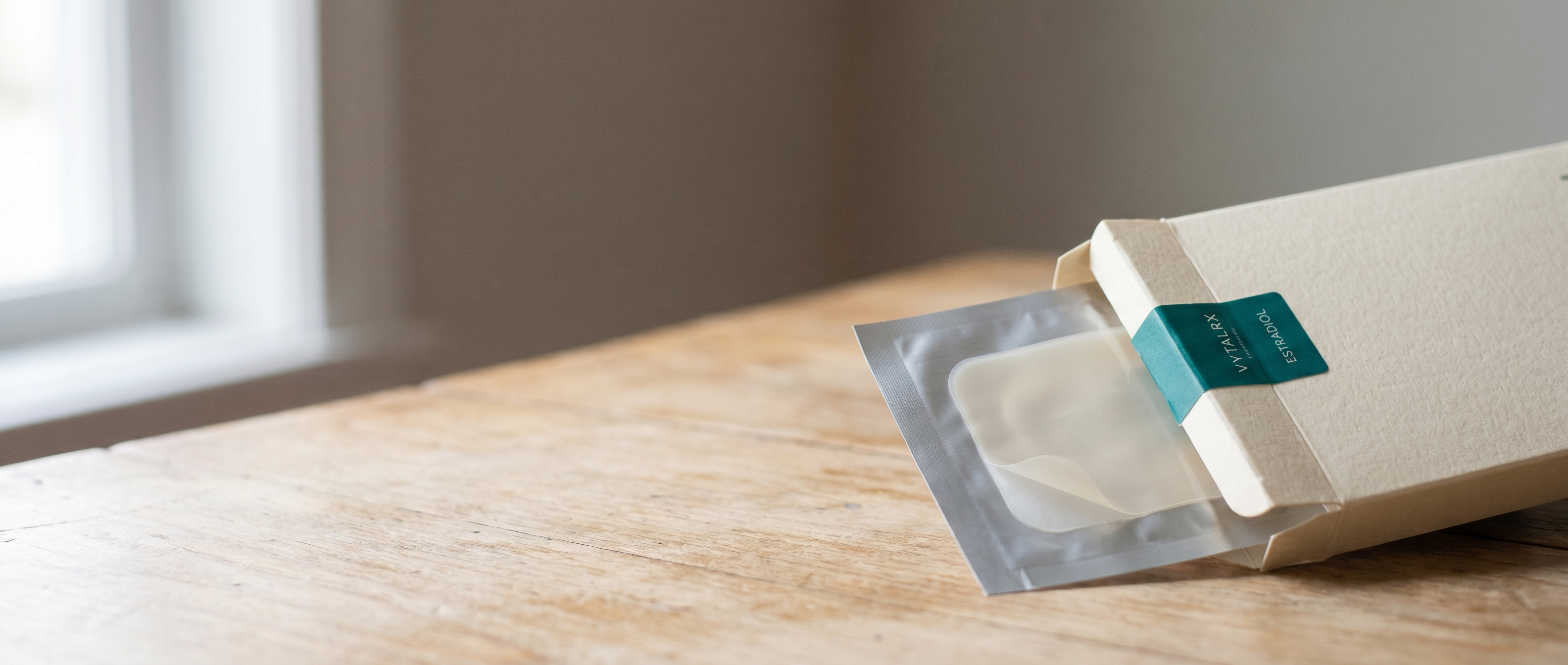 A foil-and-paper transdermal estradiol patch package on a clean wooden surface — VytalRx women's health and HRT category
