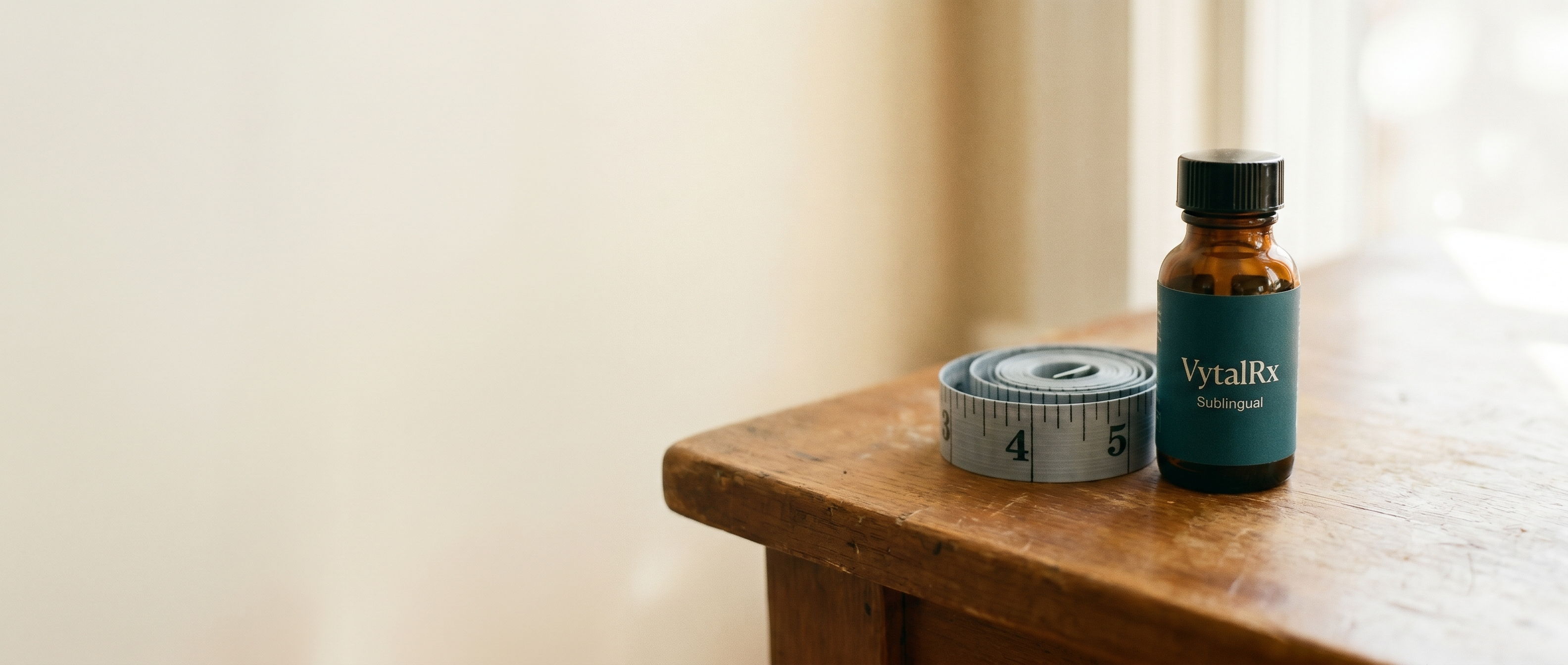 A small dark amber sublingual bottle and a coiled cloth measuring tape on a warm wooden surface — VytalRx weight loss category